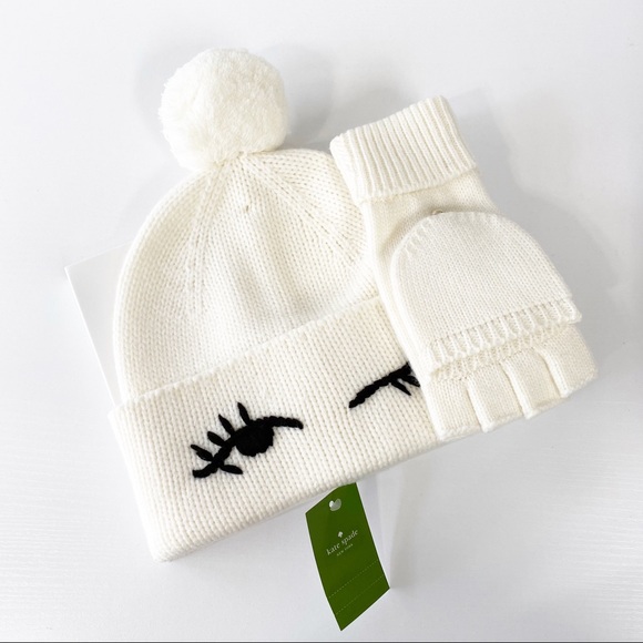 kate spade Accessories - Kate Spade All is Bright Winking Beanie Box Set Fingerless Gloves Mittens Cream